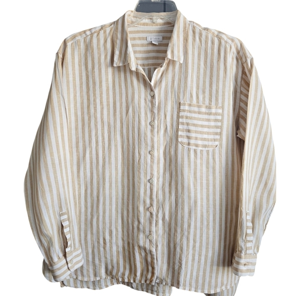 J Jill Love Linen Top‎ White Beige Stripe Button Top Size L Natural Lightweight